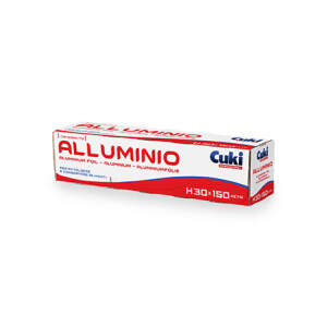 Box of Cuki Alluminio aluminum foil with red and white packaging for kitchen use, length 150 meters.] ,