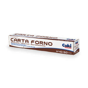Box of oven parchment paper labeled 'Carta Forno' by Cuki, shown at an angle.