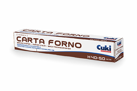 Box of oven parchment paper labeled 'Carta Forno' by Cuki, shown at an angle.