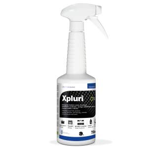 White spray bottle of Xpluri daily cleaning solution with a black patterned label and blue accents (750 ml).
