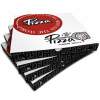 Stack of white pizza boxes with a large red circular logo on top and black patterned sides, ready for takeout.