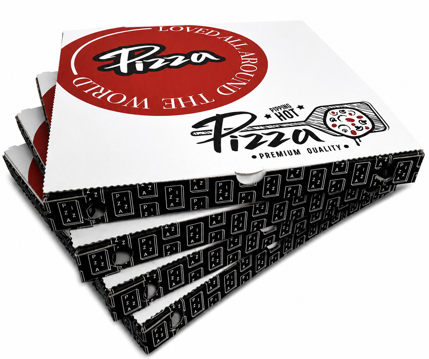 Stack of white pizza boxes with a large red circular logo on top and black patterned sides, ready for takeout.