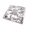 White pizza box covered in a black word cloud of Italian ingredients and a central pizza illustration.