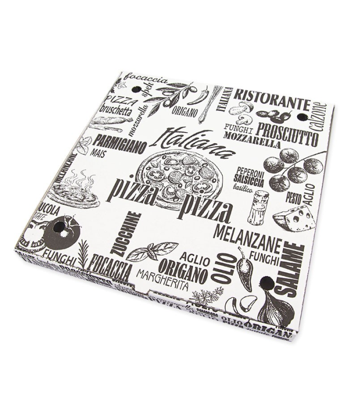 White pizza box covered in a black word cloud of Italian ingredients and a central pizza illustration.