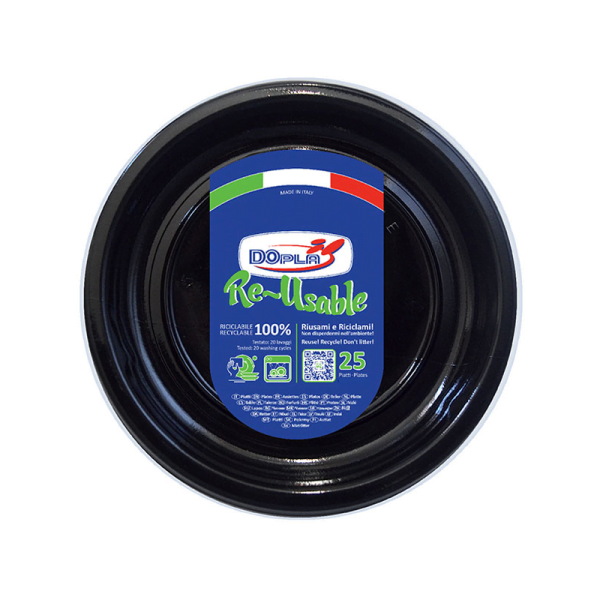 Piatto Nero in plastica riciclabile riutilizzabile 22cm 25pz