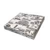 Pizza box with a collage of Italian food words and illustrations on a white background, closed and ready for delivery