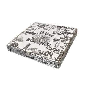 Pizza box with a collage of Italian food words and illustrations on a white background, closed and ready for delivery