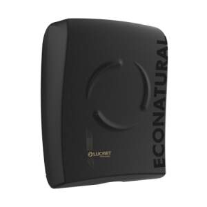 Black wall-mounted dispenser labeled ECONATURAL with circular grip pattern and Lucart logo on the front side