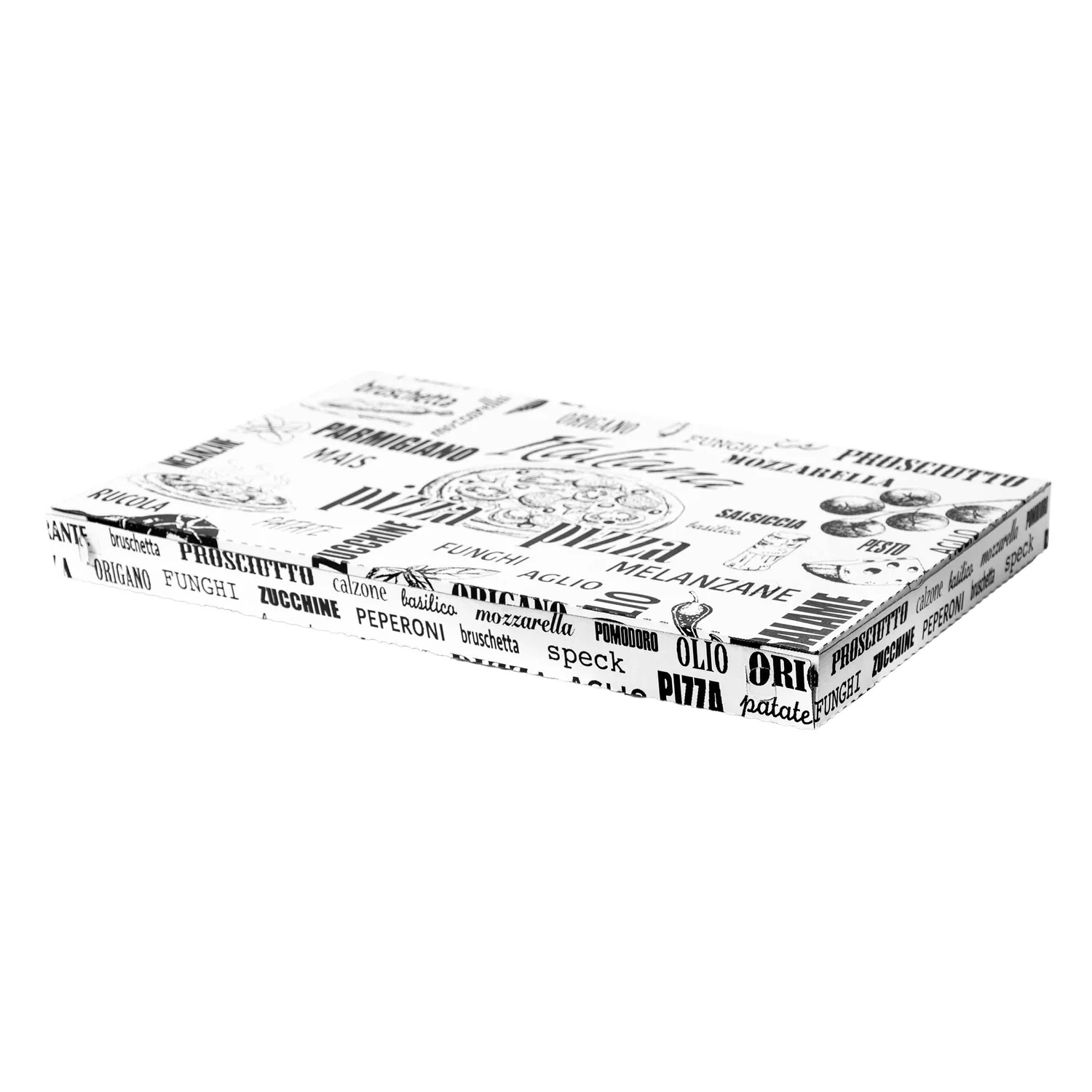 White pizza box covered in black typography and drawings of food words, photographed from a low-angle perspective