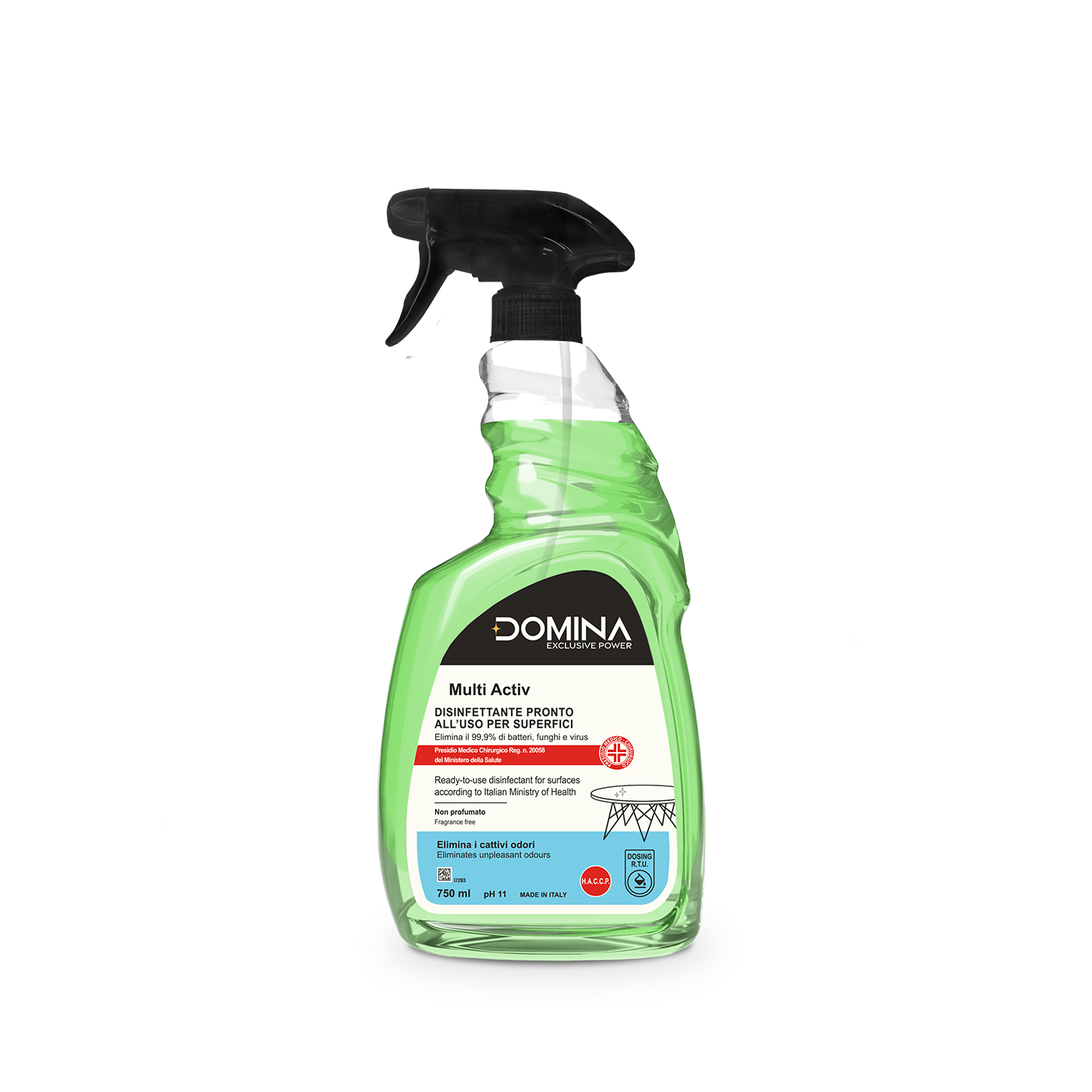 Spray bottle of Domina Multi Activ disinfectant for surfaces with green liquid and black label