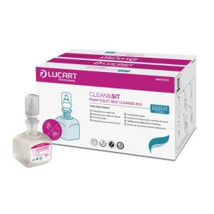 Box of Lucart Clean & Sit Foam Toilet Seat Cleaner 400 with a small spray bottle beside it on a white background, product packaging visible.