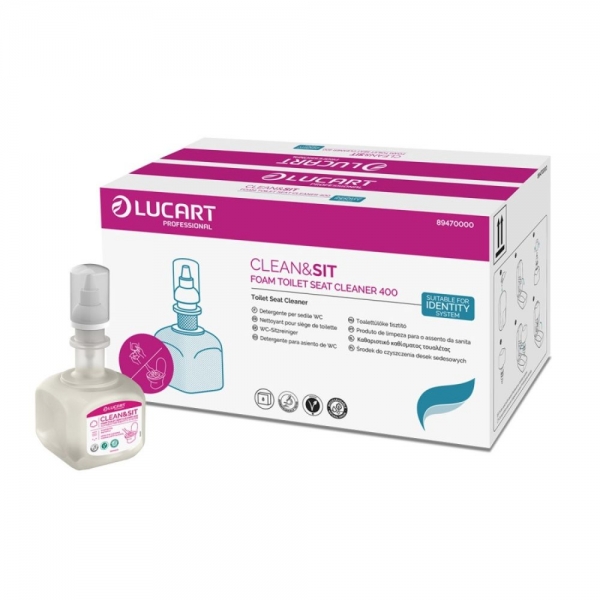 Box of Lucart Clean & Sit Foam Toilet Seat Cleaner 400 with a small spray bottle beside it on a white background, product packaging visible.