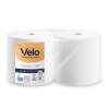 Two large white toilet paper rolls side by side, one showing a label reading 'Velo Pure Pulp Extra 3' in orange and blue.