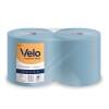 Two blue paper towel rolls standing side by side, one showing a VelO brand label reading 'Velo Pure Pulp Blue'.