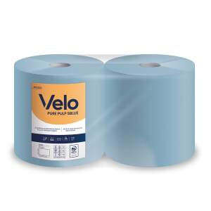 Two blue paper towel rolls standing side by side, one showing a VelO brand label reading 'Velo Pure Pulp Blue'.