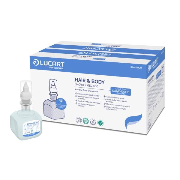 Blue-and-white Lucart Hair & Body Shower Gel carton with a small light-blue pump bottle placed in front.