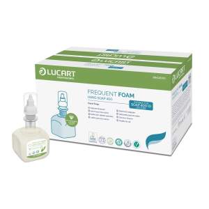 Box of Lucart Frequent Foam Hand Soap 400 with a matching pump bottle in front on a white background, showing green/blue packaging design.