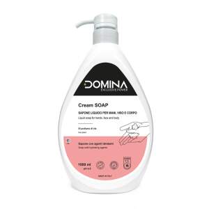 Liquid hand soap bottle with pump, labeled Domina Cream SOAP and pink lower label section.