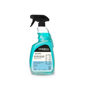 Domina GlassPRO spray bottle for glass surfaces, 750 ml, turquoise liquid with black trigger nozzle.
