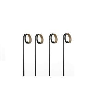 Four black metal stands with gold circular rings on top, lined up on a white background.