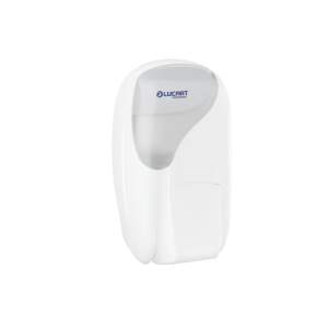White wall-mounted hand soap dispenser with a translucent reservoir and Lucart branding.