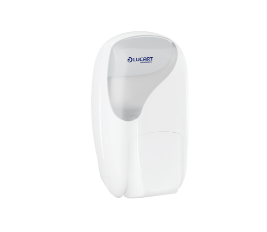 White wall-mounted hand soap dispenser with a translucent reservoir and Lucart branding.