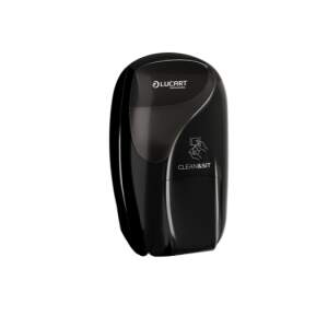 Black, glossy wall-mounted hand sanitizer dispenser with a curved design and brand logo visible on the front.