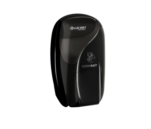 Black, glossy wall-mounted hand sanitizer dispenser with a curved design and brand logo visible on the front.