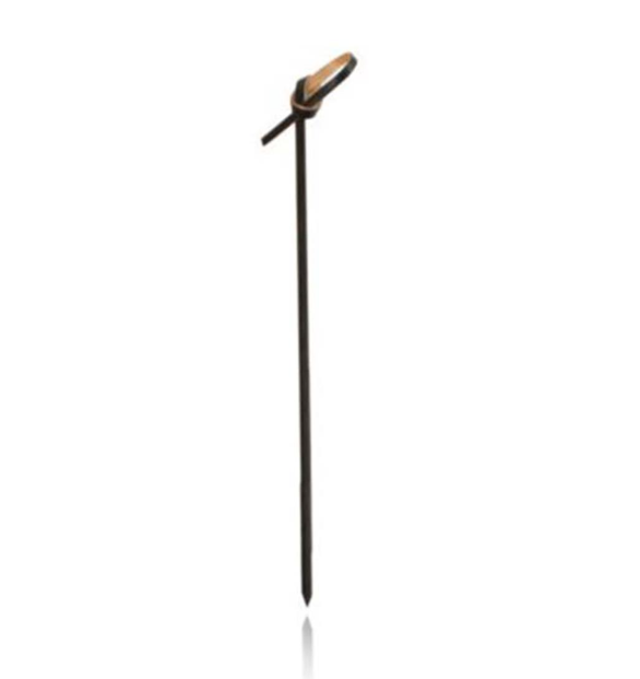 Wooden stake with a small brown leather strap loop at the top, standing upright on a white background.