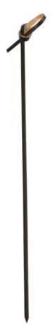 Wooden garden stake with a curved hook at the top and a leather strap