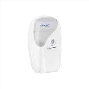White wall-mounted hand sanitizer dispenser with 'CLEAN&SIT' label and blue logo (Lucart) on a plain white background.