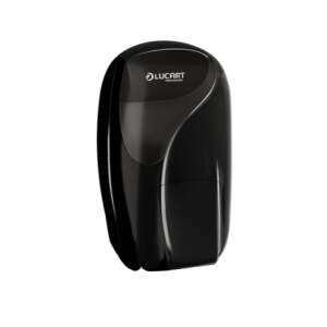 Black glossy wall-mounted hand dryer with curved design and the Lucart logo on the front.