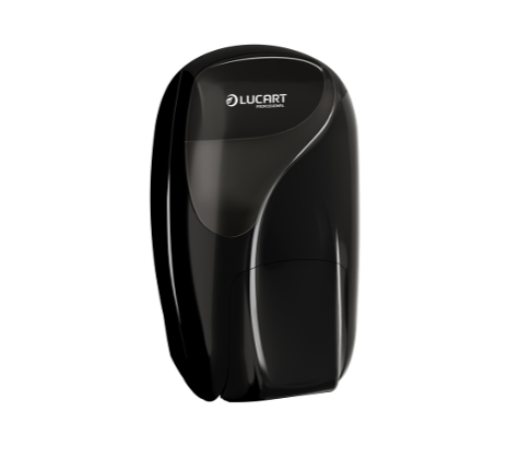 Black glossy wall-mounted hand dryer with curved design and the Lucart logo on the front.