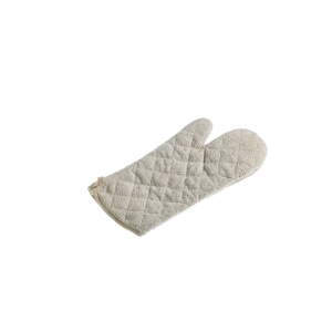 Beige quilted oven mitt on a white background, with a loop for hanging