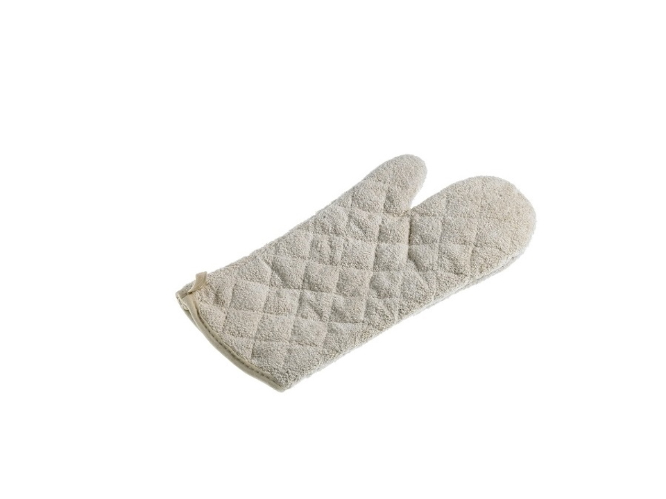 Beige quilted oven mitt on a white background, with a loop for hanging