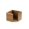 Wooden square storage box with two hinged doors open, exposing an empty interior.