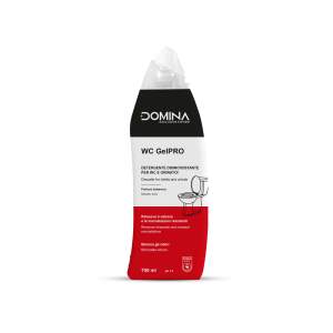 Domina WC GelPRO toilet cleaner bottle, white label with black band; removes limescale and odors