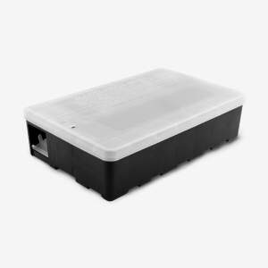 Plastic storage box with a white lid and black base, closed, viewed at an angle (for organizing small parts).