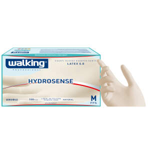 Box of Walking Hydrosense Latex 5.0 gloves being held by a hand, turquoise border and blue logo visible