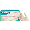 Walking Latex 6.0 Hydro3 Plus glove box, powder-free, size M, 100 pieces, with blue and cream packaging and a hand pulling on a glove.