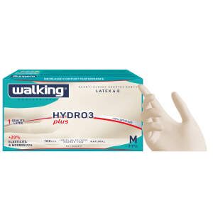 Walking Latex 6.0 Hydro3 Plus glove box, powder-free, size M, 100 pieces, with blue and cream packaging and a hand pulling on a glove.