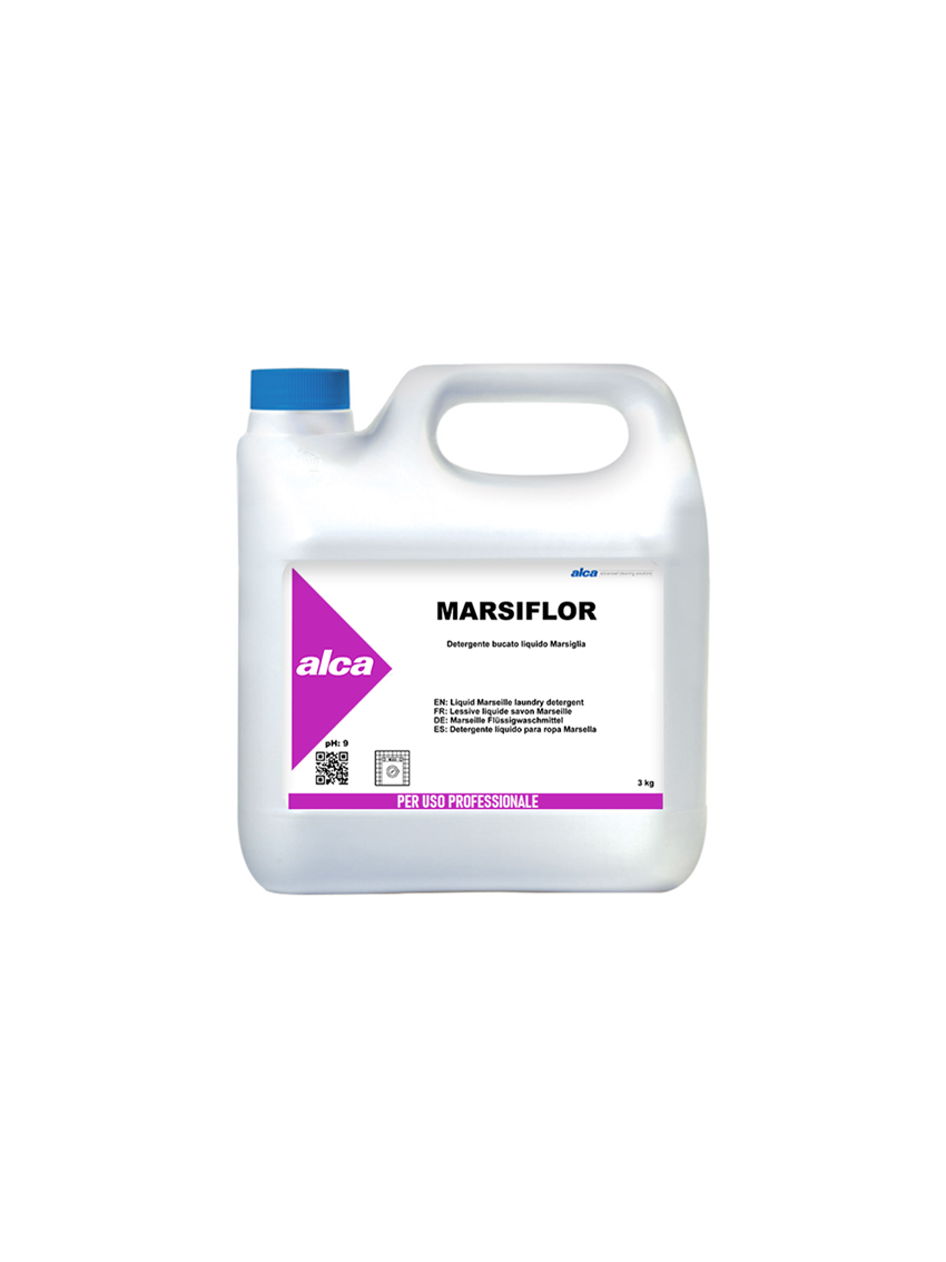 White plastic detergent bottle with blue cap, label reads MARSIFLOR by Alca for professional use in laundry care.