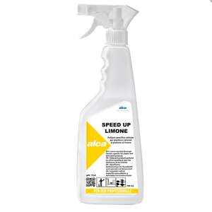 White spray bottle cleaner labeled Speed Up Limone with yellow triangular graphic; lemon-scented cleaner for professional use.
